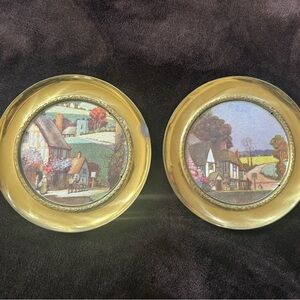 Vintage Brass Decorative Plates with Cottage Scene